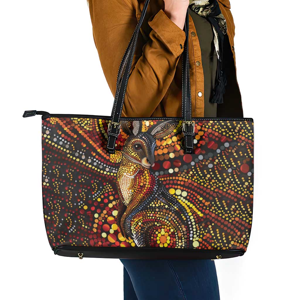 Kangaroo At Night Art Leather Tote Bag Aboriginal Dot Painting