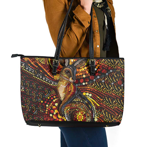 Kangaroo At Night Art Leather Tote Bag Aboriginal Dot Painting