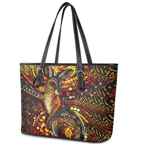 Kangaroo At Night Art Leather Tote Bag Aboriginal Dot Painting