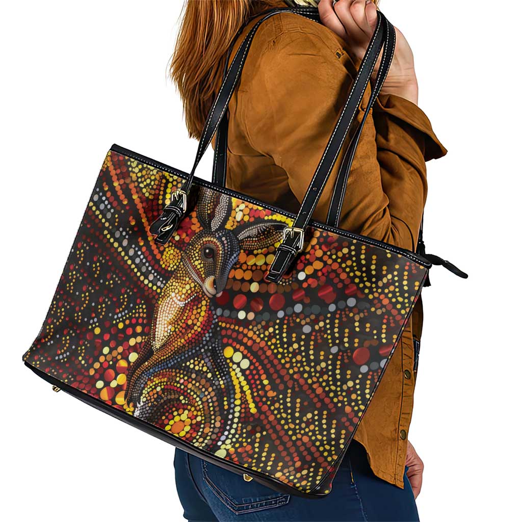 Kangaroo At Night Art Leather Tote Bag Aboriginal Dot Painting