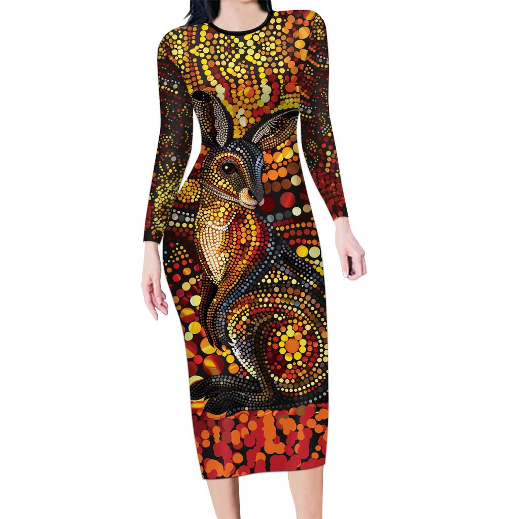 Kangaroo At Night Art Long Sleeve Bodycon Dress Aboriginal Dot Painting