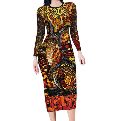 Kangaroo At Night Art Long Sleeve Bodycon Dress Aboriginal Dot Painting