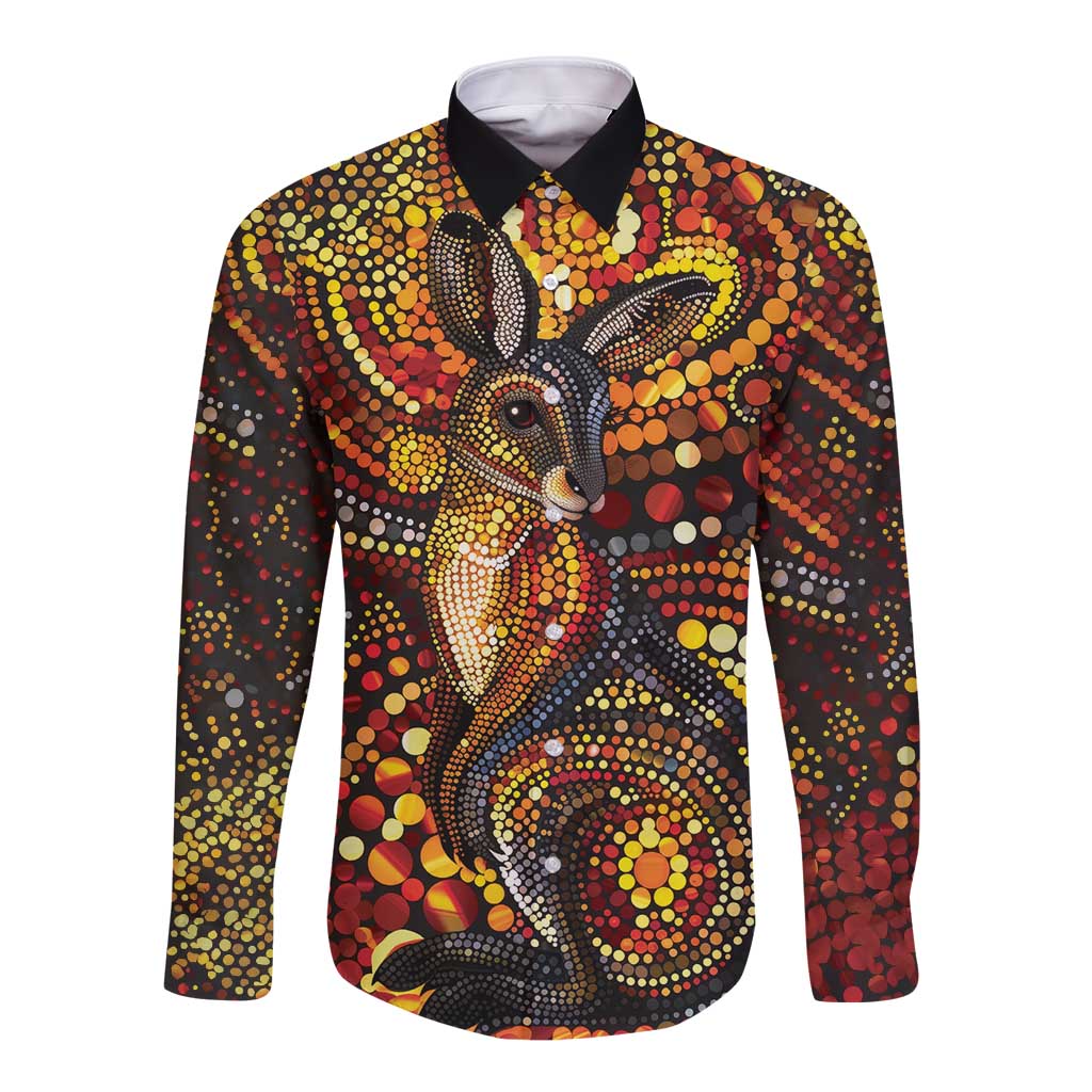Kangaroo At Night Art Long Sleeve Button Shirt Aboriginal Dot Painting