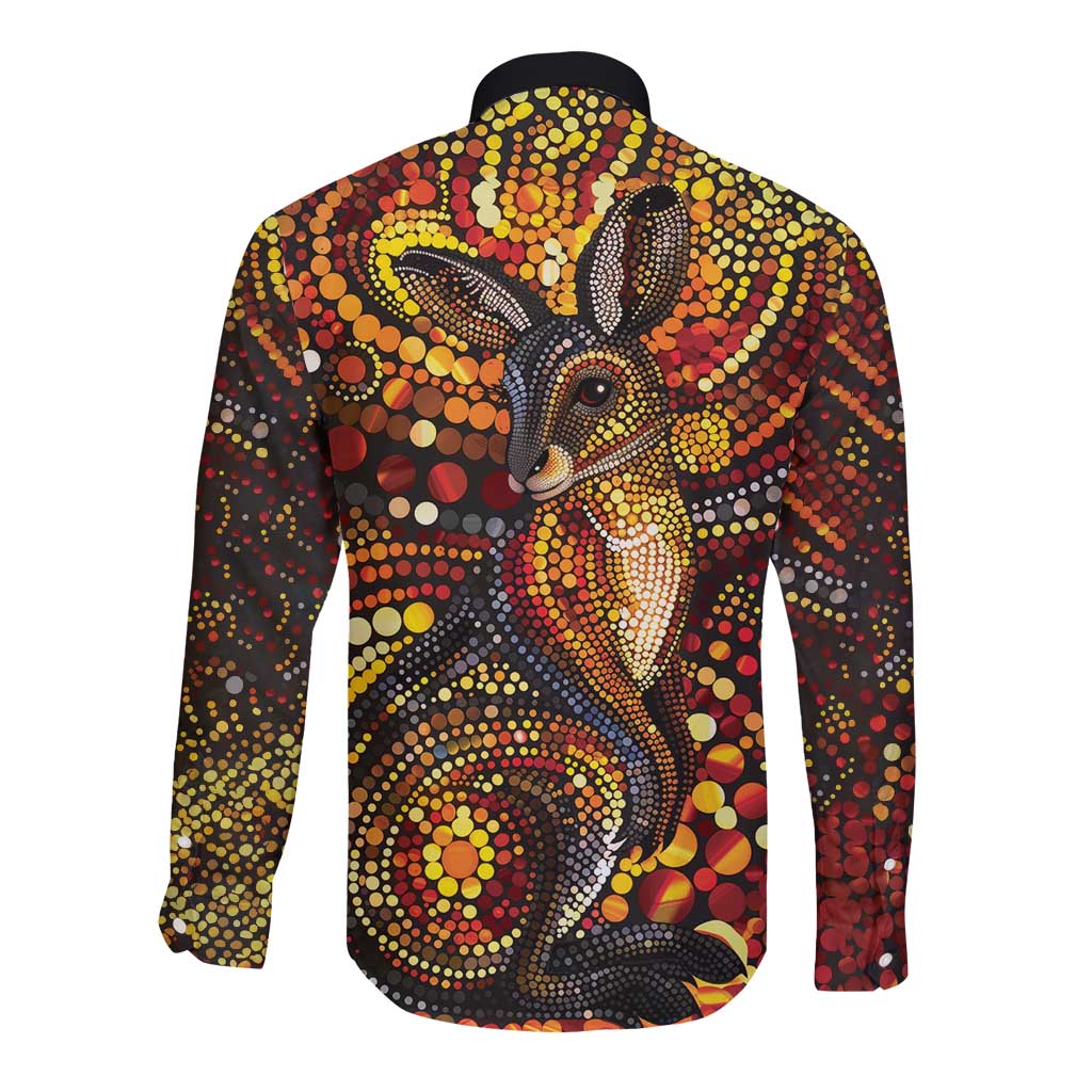 Kangaroo At Night Art Long Sleeve Button Shirt Aboriginal Dot Painting