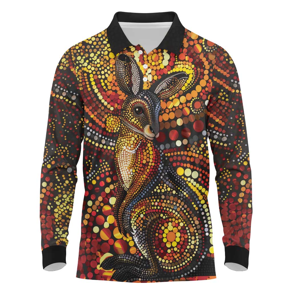 Kangaroo At Night Art Long Sleeve Polo Shirt Aboriginal Dot Painting