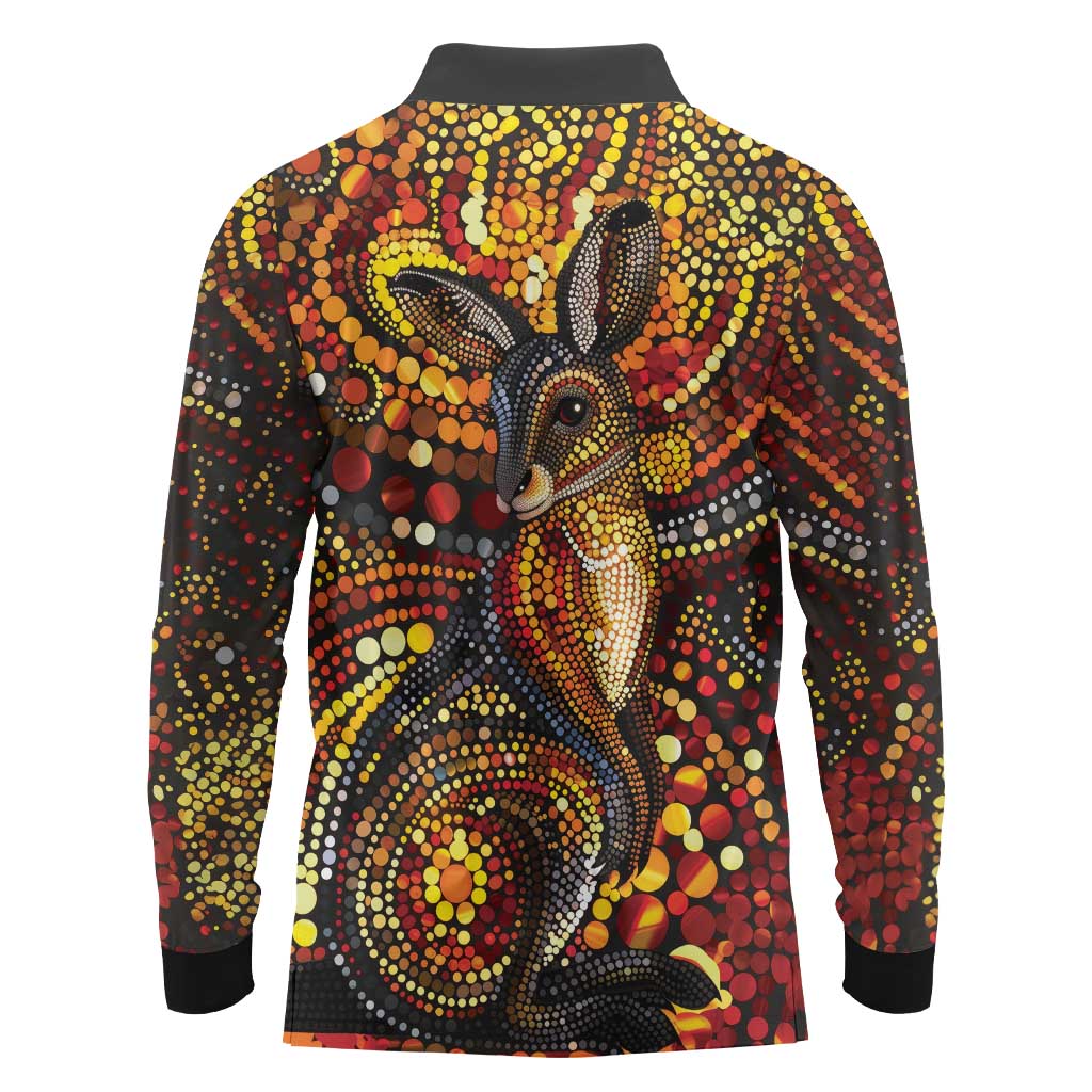Kangaroo At Night Art Long Sleeve Polo Shirt Aboriginal Dot Painting
