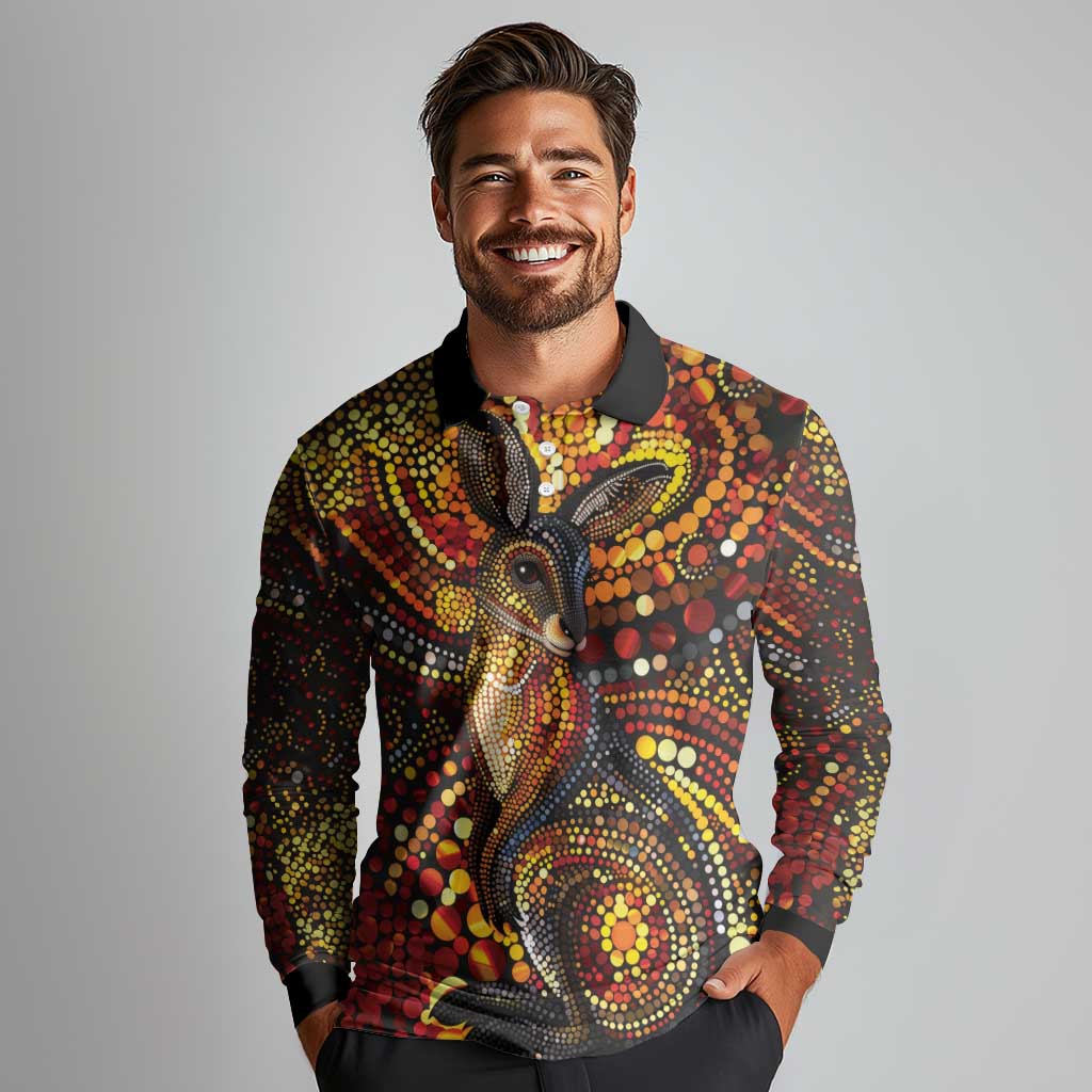 Kangaroo At Night Art Long Sleeve Polo Shirt Aboriginal Dot Painting