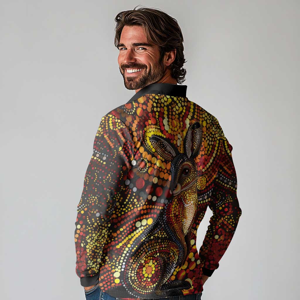 Kangaroo At Night Art Long Sleeve Polo Shirt Aboriginal Dot Painting