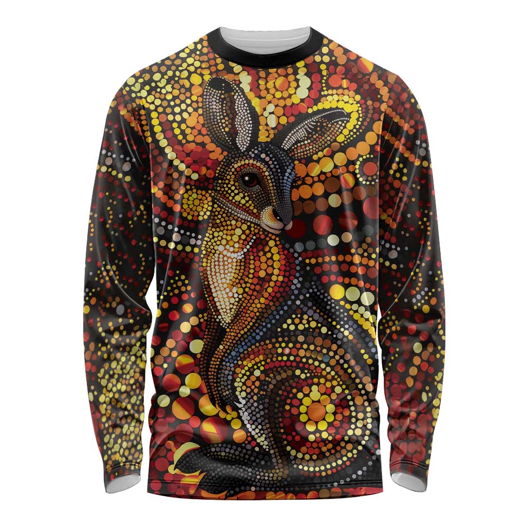 Kangaroo At Night Art Long Sleeve Shirt Aboriginal Dot Painting