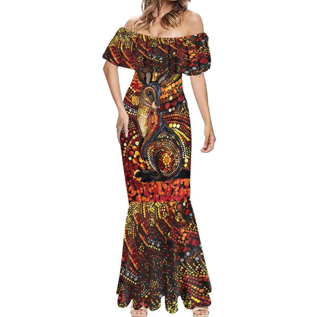 Kangaroo At Night Art Mermaid Dress Aboriginal Dot Painting