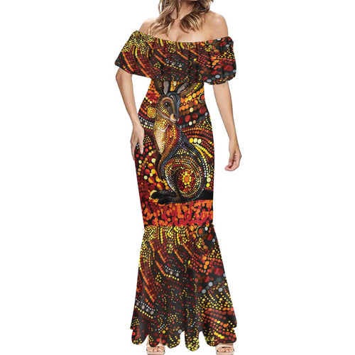 Kangaroo At Night Art Mermaid Dress Aboriginal Dot Painting