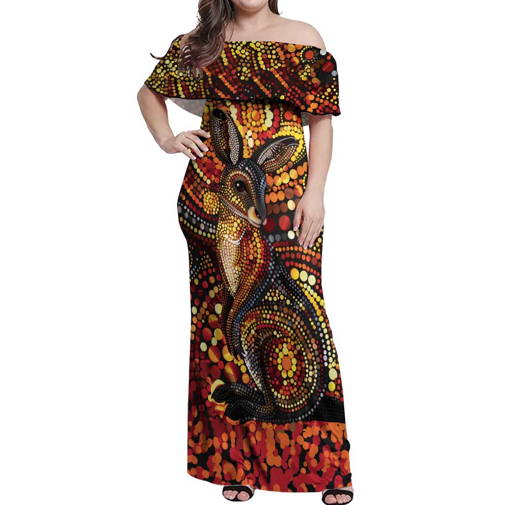 Kangaroo At Night Art Off Shoulder Maxi Dress Aboriginal Dot Painting