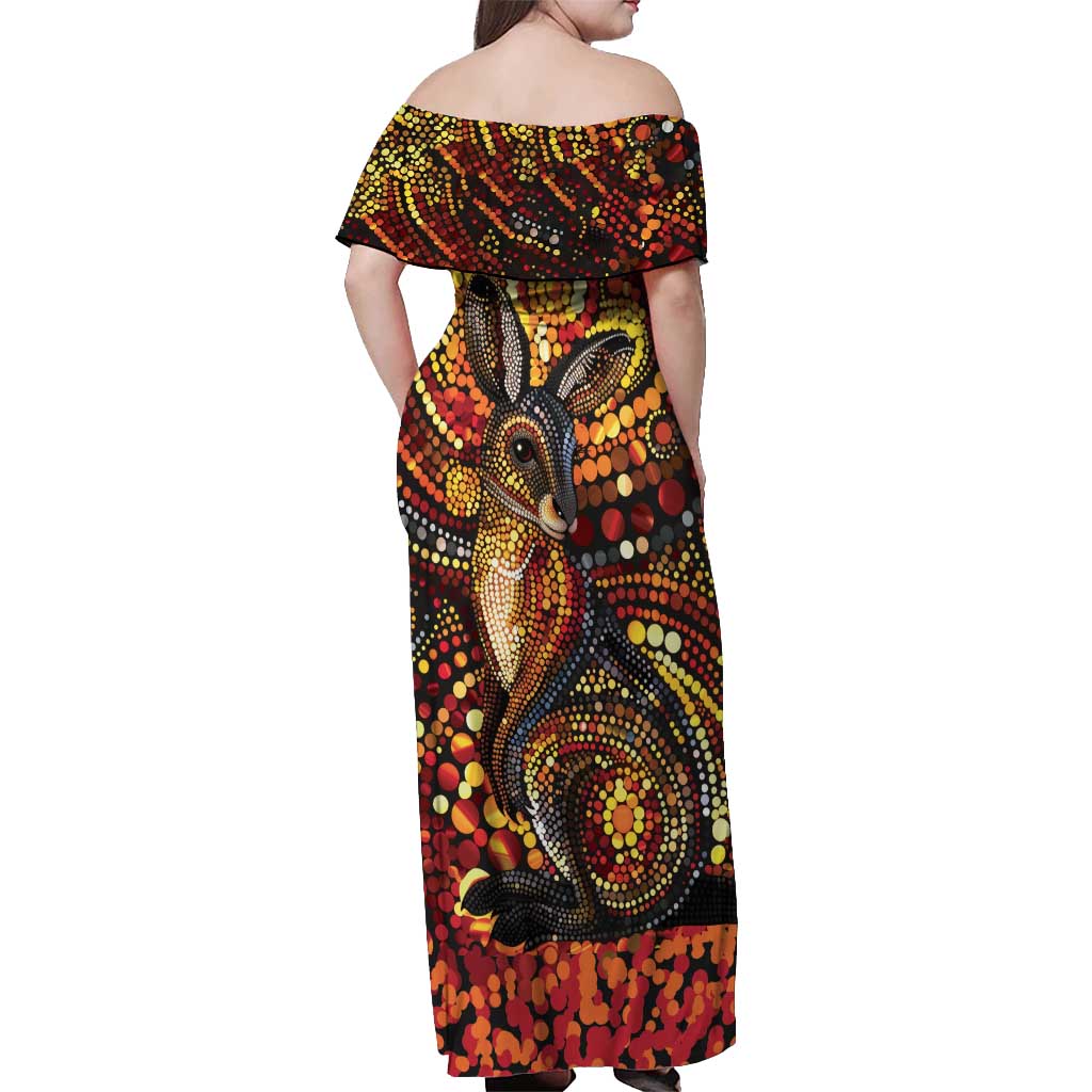 Kangaroo At Night Art Off Shoulder Maxi Dress Aboriginal Dot Painting