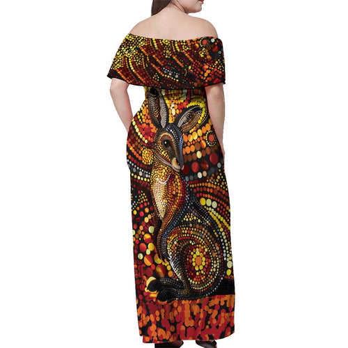 Kangaroo At Night Art Off Shoulder Maxi Dress Aboriginal Dot Painting