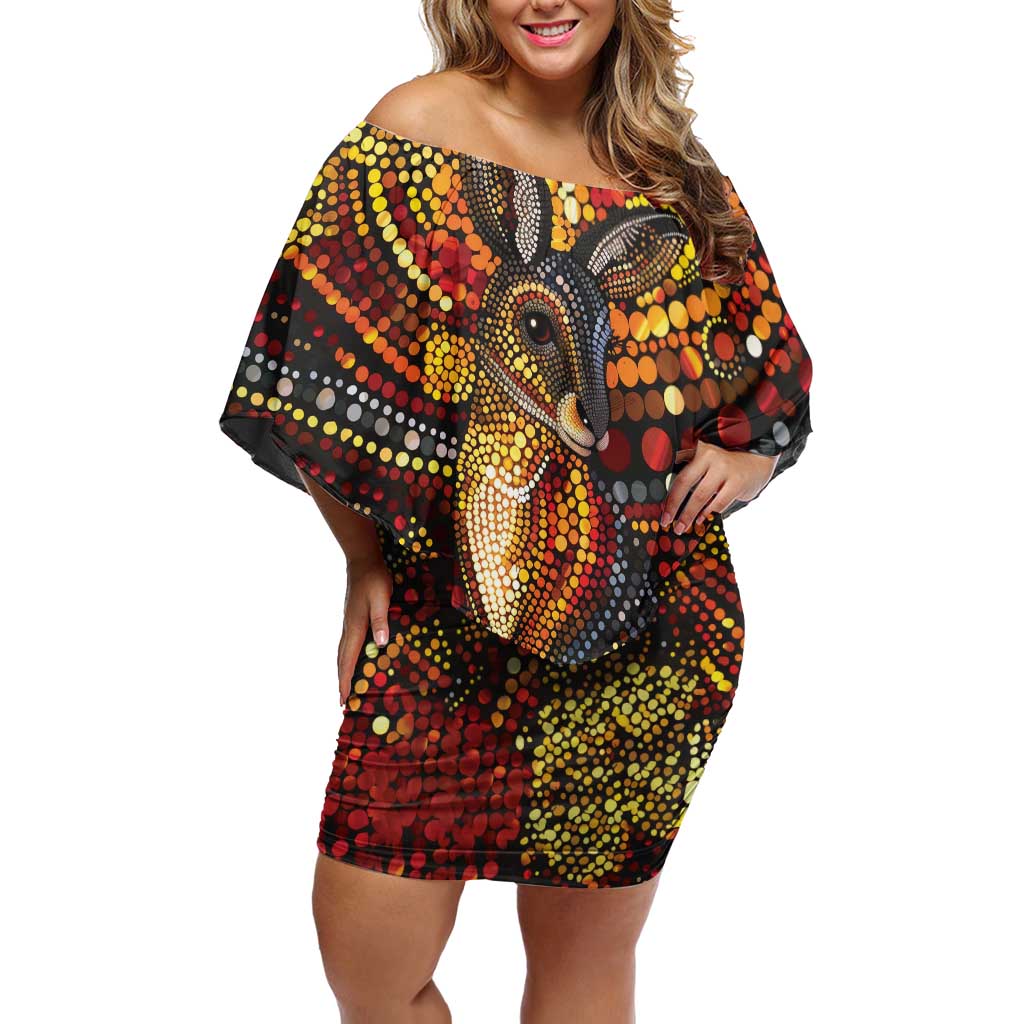 Kangaroo At Night Art Off Shoulder Short Dress Aboriginal Dot Painting