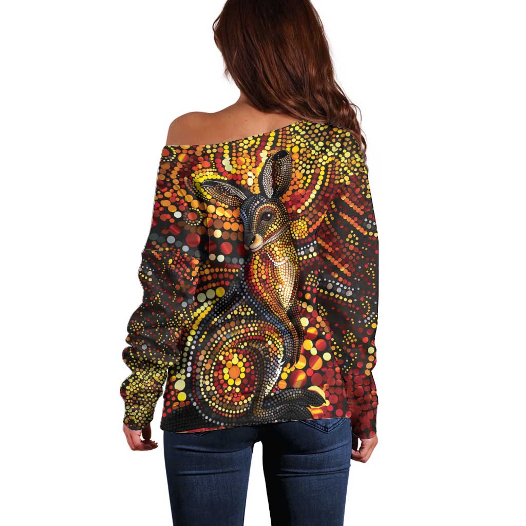 Kangaroo At Night Art Off Shoulder Sweater Aboriginal Dot Painting