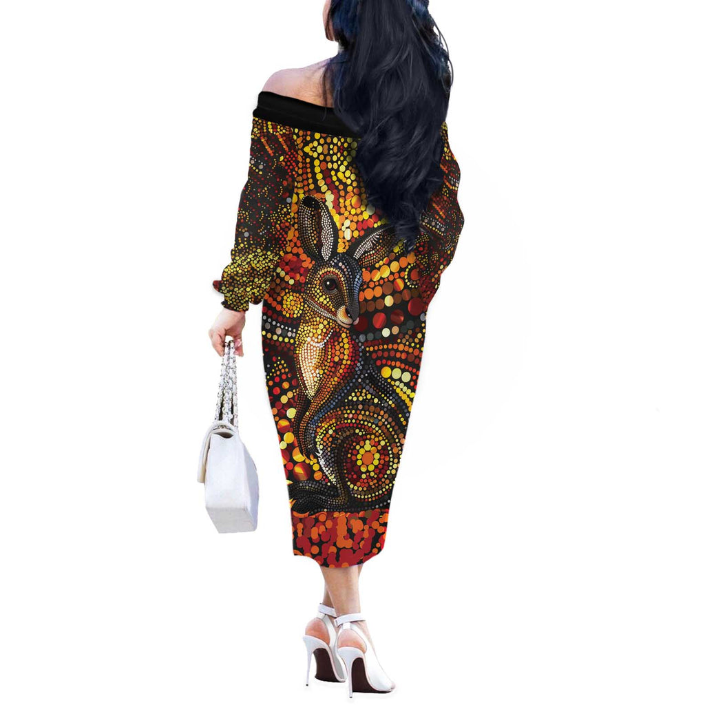 Kangaroo At Night Art Off The Shoulder Long Sleeve Dress Aboriginal Dot Painting