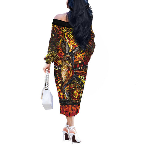Kangaroo At Night Art Off The Shoulder Long Sleeve Dress Aboriginal Dot Painting