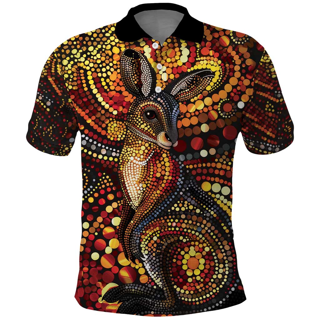 Kangaroo At Night Art Polo Shirt Aboriginal Dot Painting