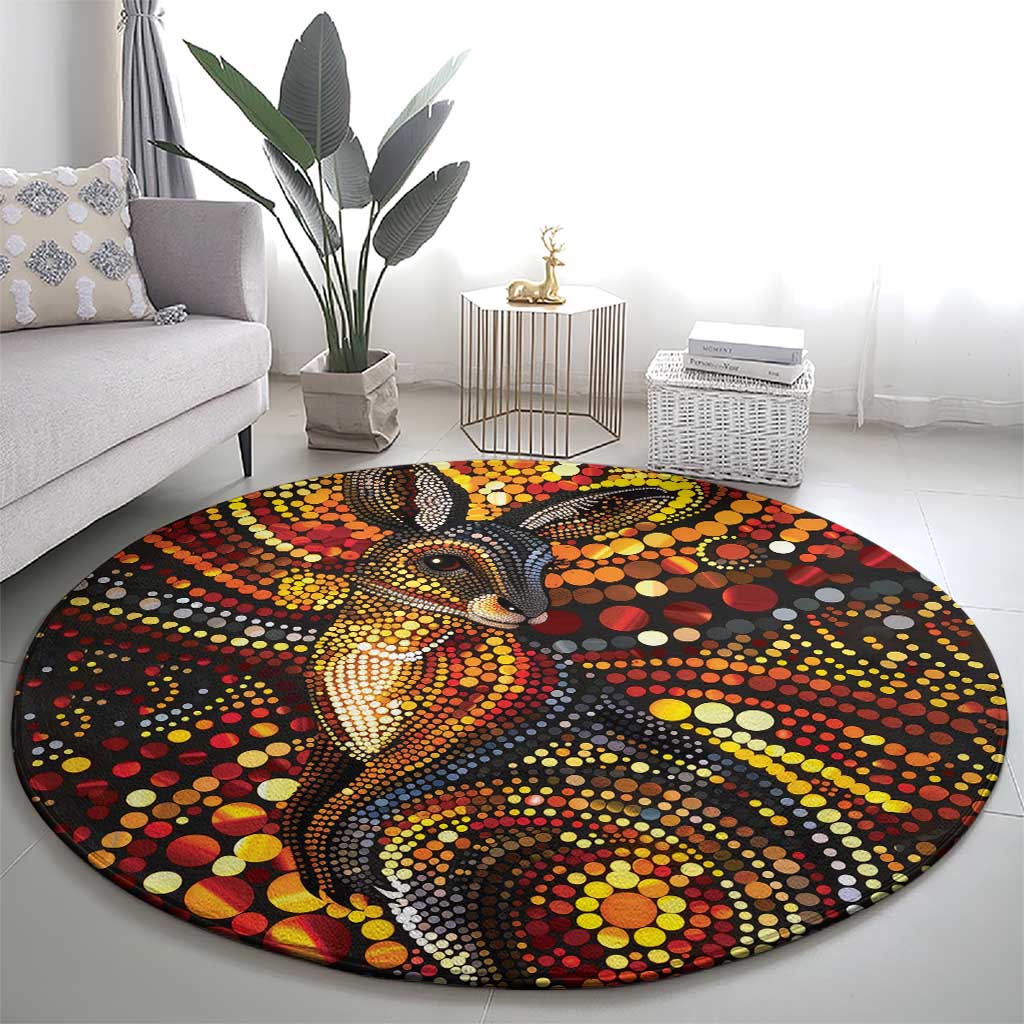 Kangaroo At Night Art Round Carpet Aboriginal Dot Painting