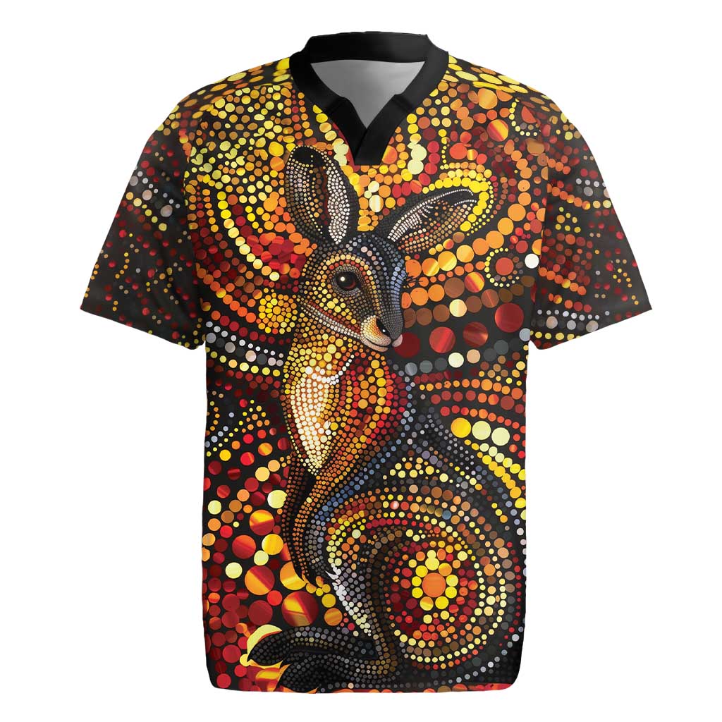 Kangaroo At Night Art Rugby Jersey Aboriginal Dot Painting