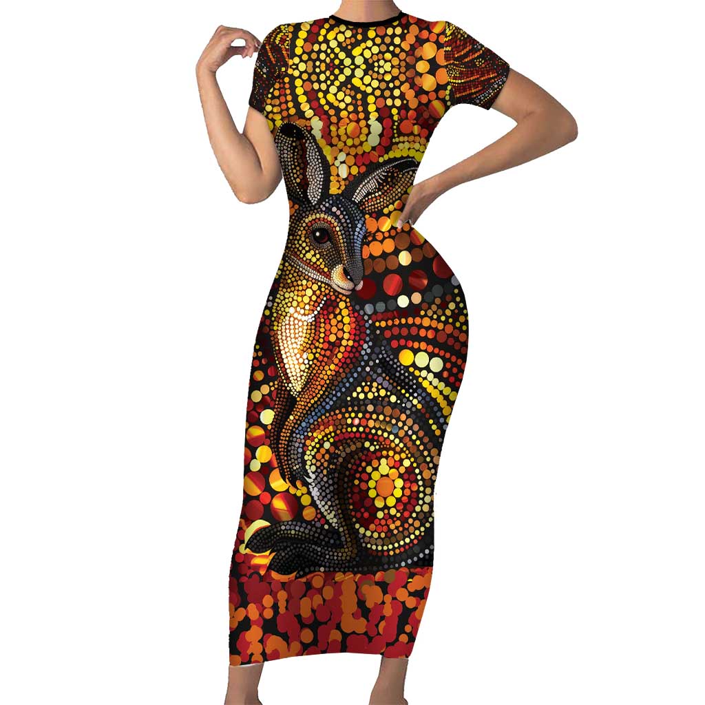 Kangaroo At Night Art Short Sleeve Bodycon Dress Aboriginal Dot Painting