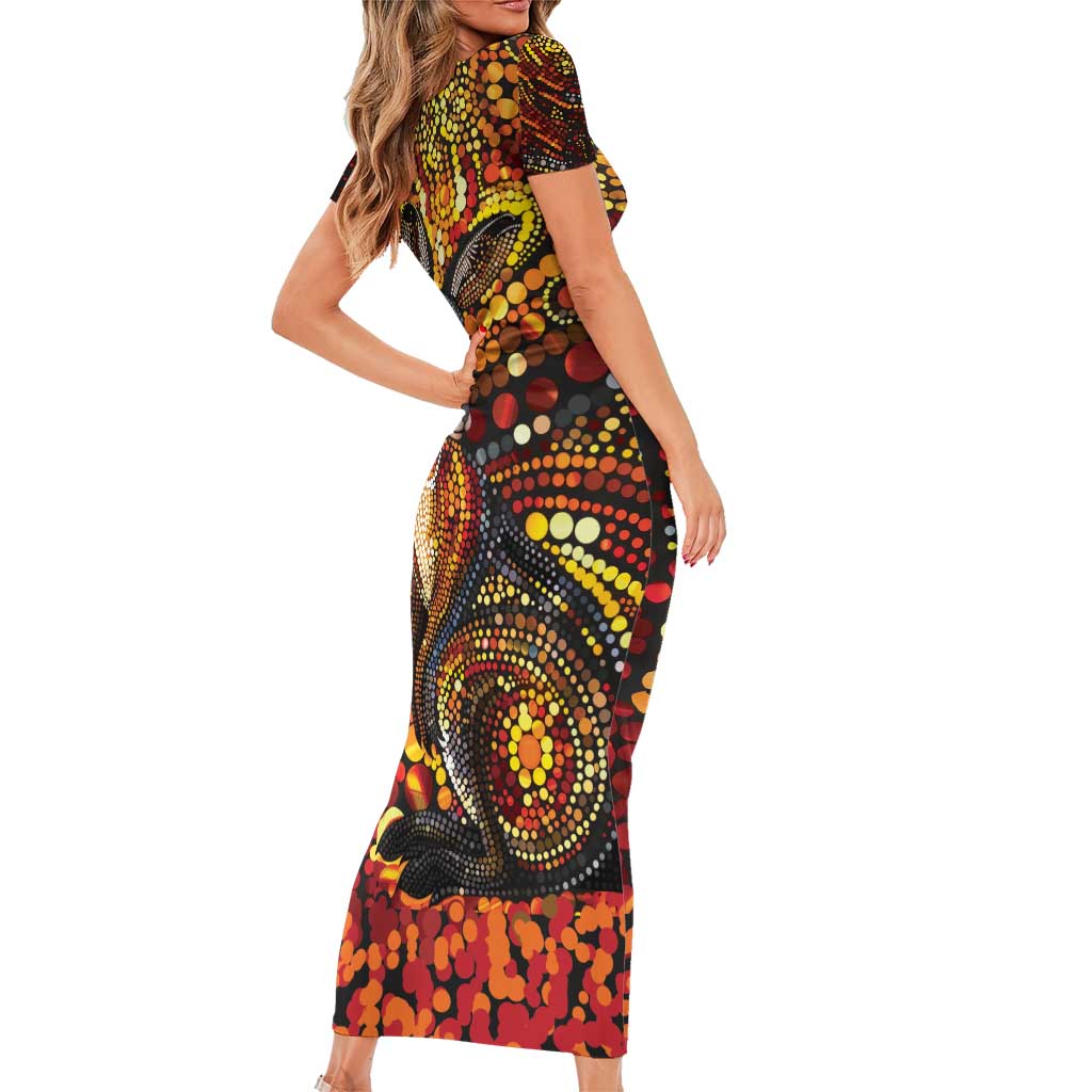 Kangaroo At Night Art Short Sleeve Bodycon Dress Aboriginal Dot Painting