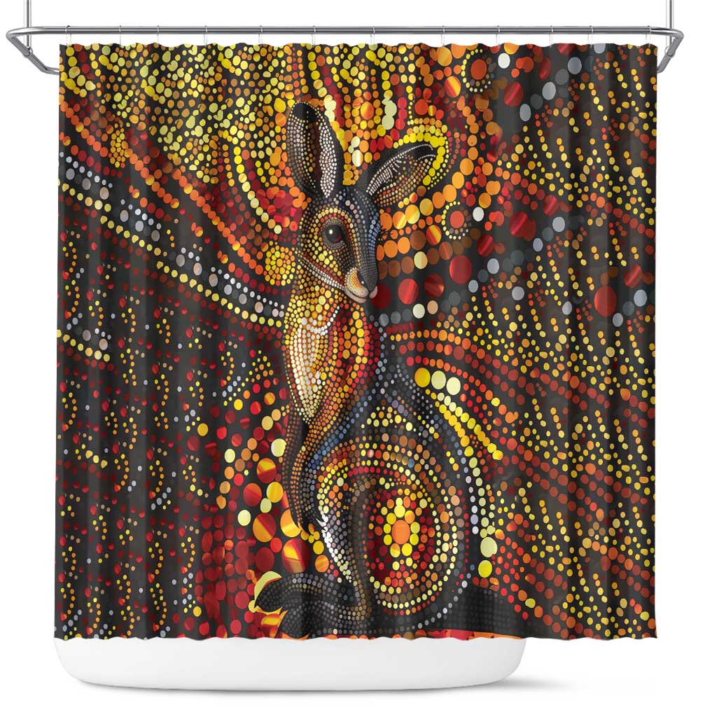 Kangaroo At Night Art Shower Curtain Aboriginal Dot Painting