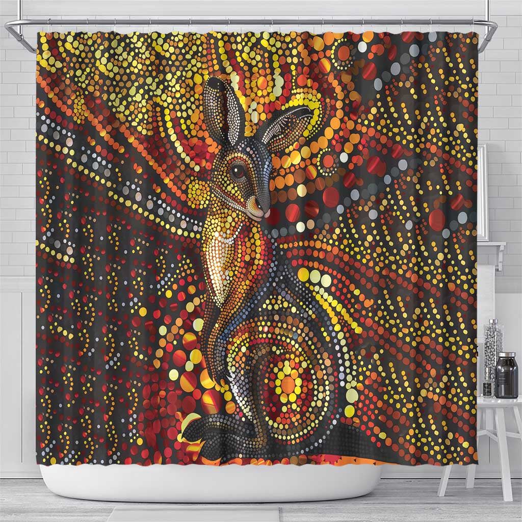 Kangaroo At Night Art Shower Curtain Aboriginal Dot Painting