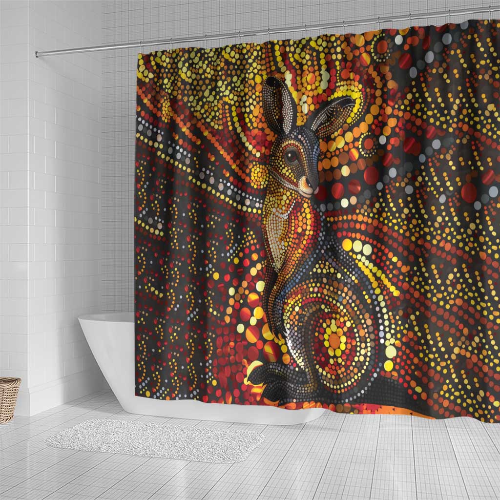 Kangaroo At Night Art Shower Curtain Aboriginal Dot Painting