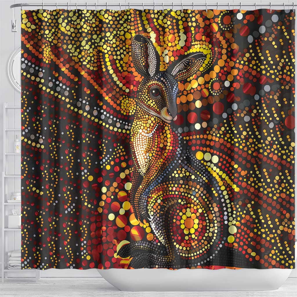 Kangaroo At Night Art Shower Curtain Aboriginal Dot Painting