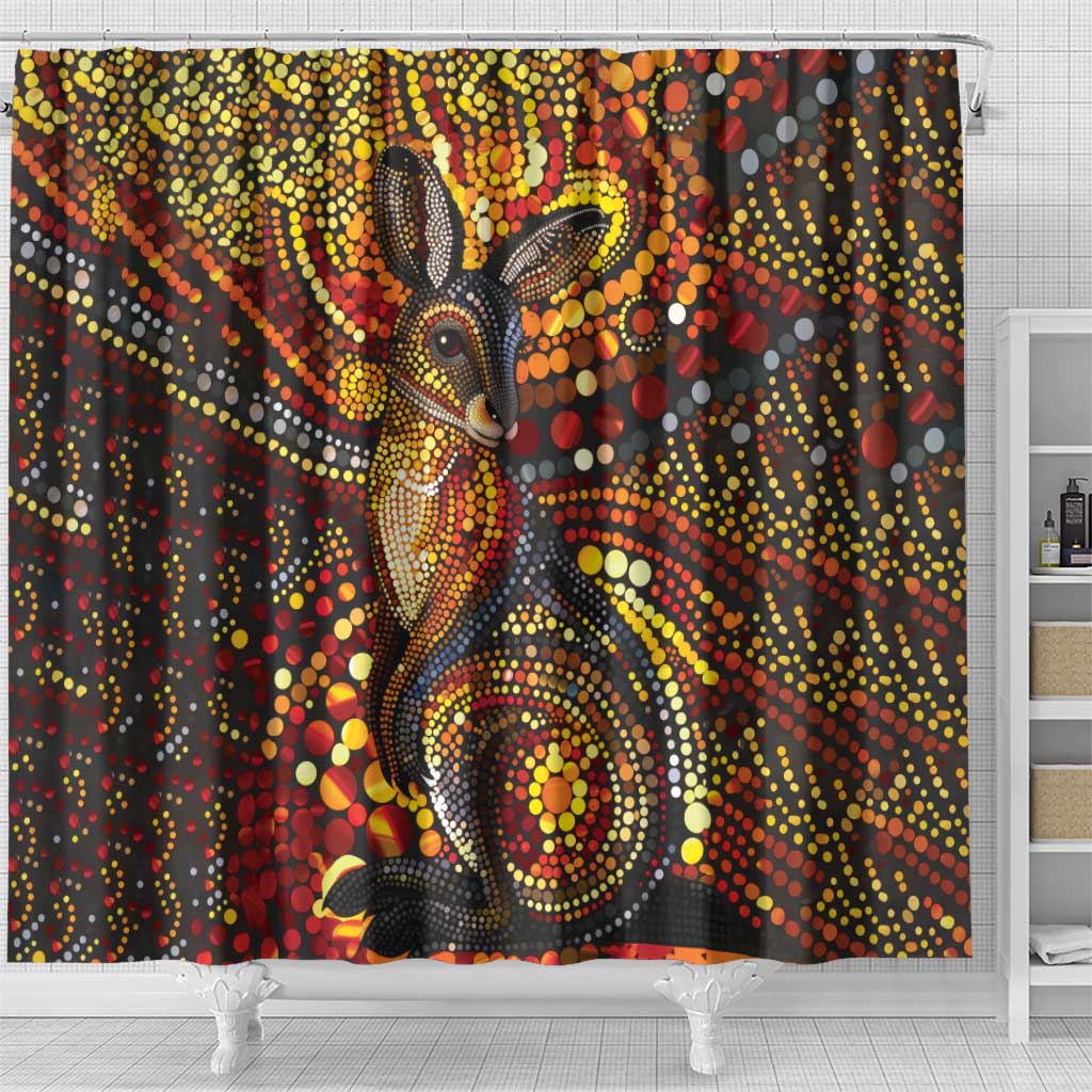 Kangaroo At Night Art Shower Curtain Aboriginal Dot Painting