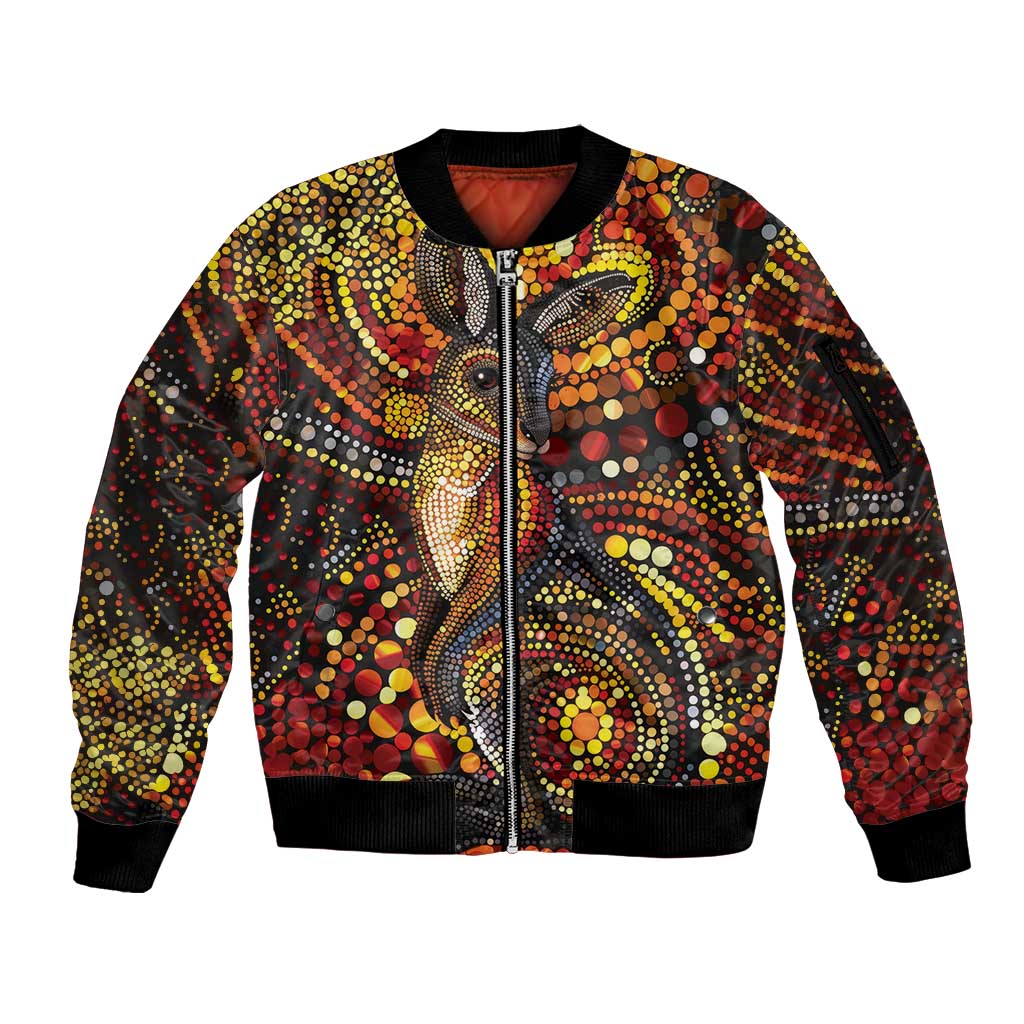 Kangaroo At Night Art Sleeve Zip Bomber Jacket Aboriginal Dot Painting