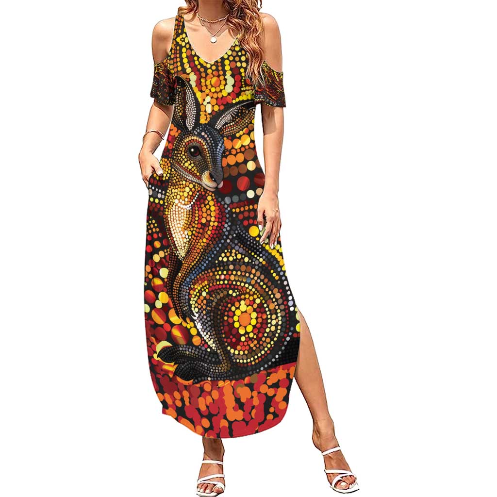 Kangaroo At Night Art Summer Maxi Dress Aboriginal Dot Painting