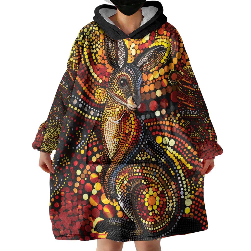Kangaroo At Night Art Wearable Blanket Hoodie Aboriginal Dot Painting