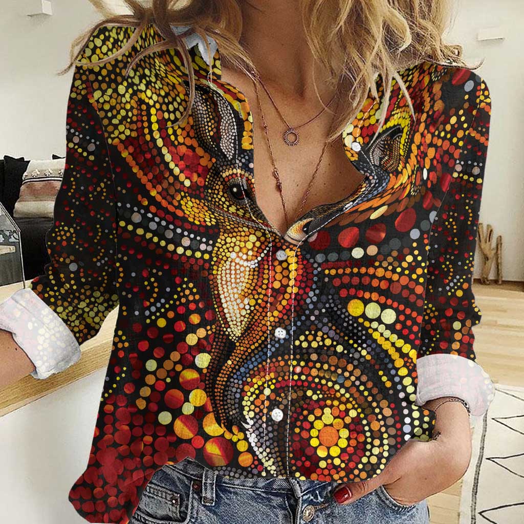 Kangaroo At Night Art Women Casual Shirt Aboriginal Dot Painting