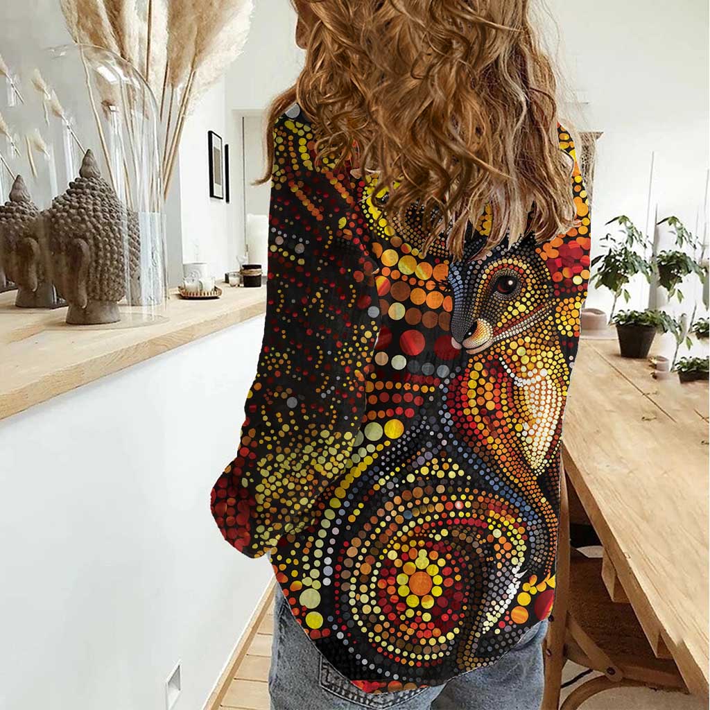 Kangaroo At Night Art Women Casual Shirt Aboriginal Dot Painting