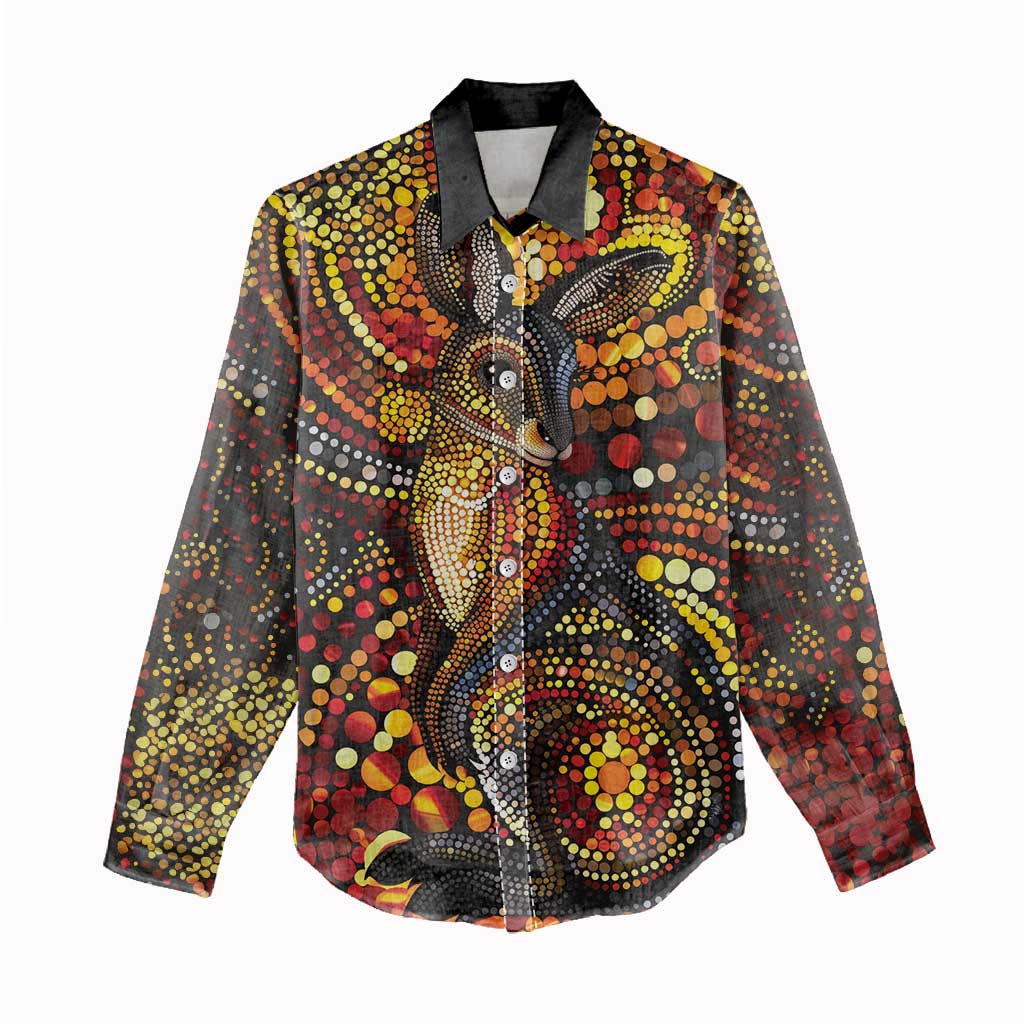 Kangaroo At Night Art Women Casual Shirt Aboriginal Dot Painting