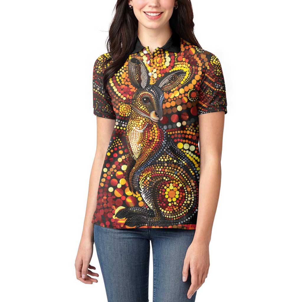 Kangaroo At Night Art Women Polo Shirt Aboriginal Dot Painting