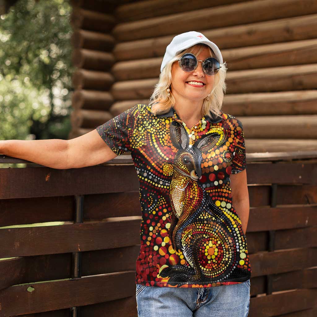 Kangaroo At Night Art Women Polo Shirt Aboriginal Dot Painting
