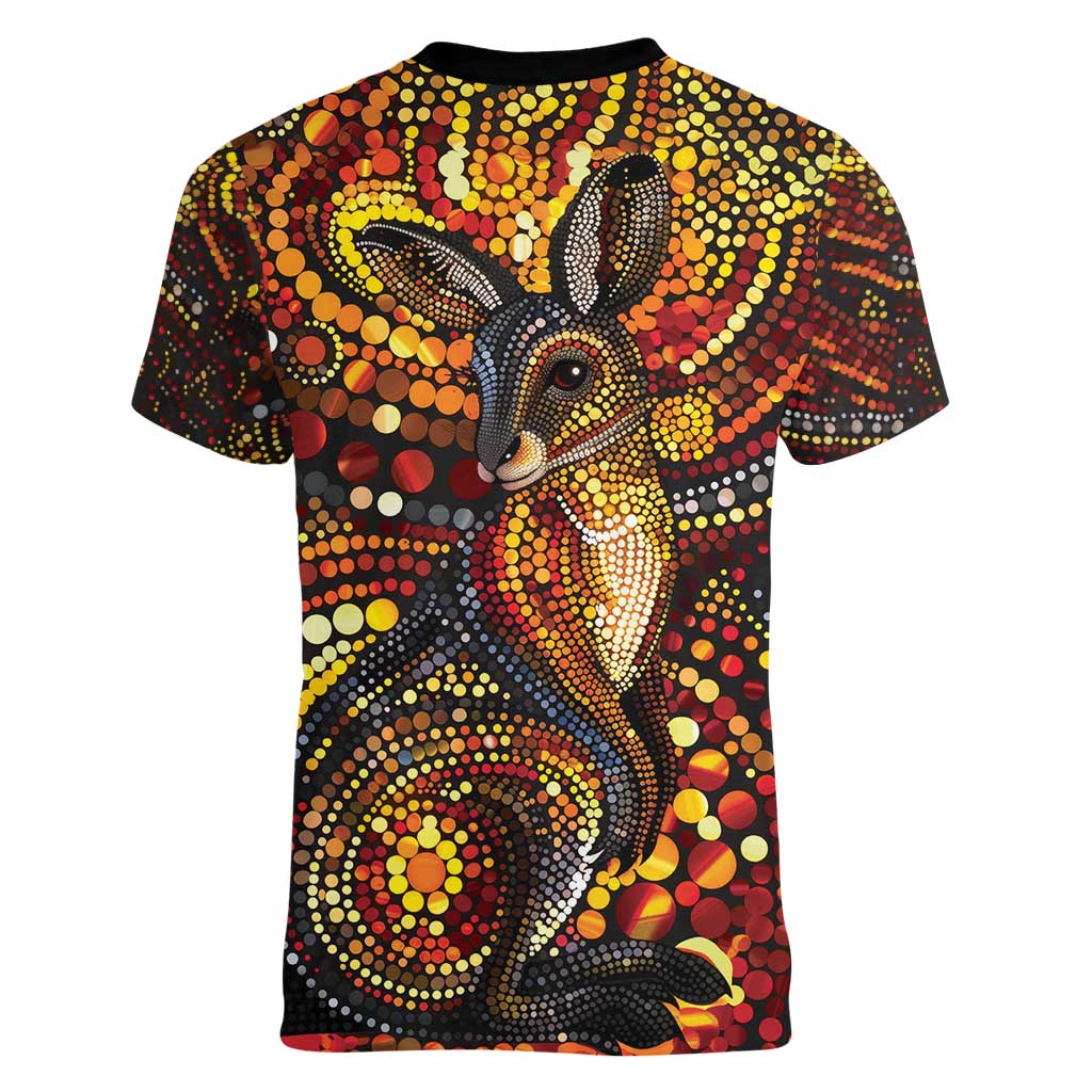 Kangaroo At Night Art Women V-Neck T-Shirt Aboriginal Dot Painting