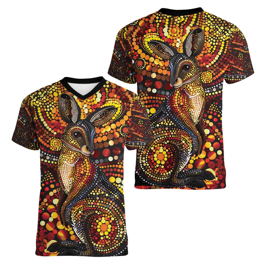 Kangaroo At Night Art Women V-Neck T-Shirt Aboriginal Dot Painting