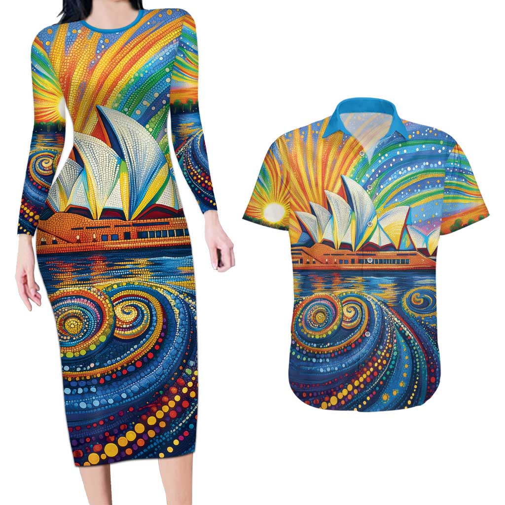 Sydney Opera House Couples Matching Long Sleeve Bodycon Dress and Hawaiian Shirt Aboriginal Dot Painting