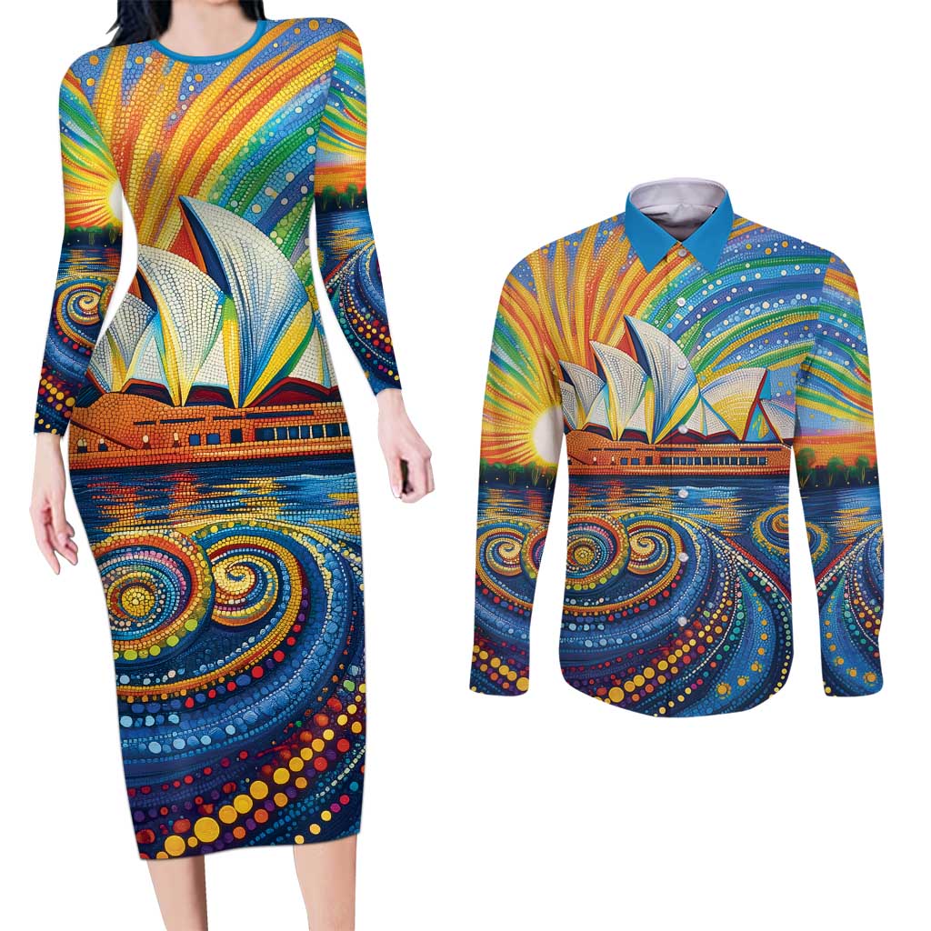 Sydney Opera House Couples Matching Long Sleeve Bodycon Dress and Long Sleeve Button Shirt Aboriginal Dot Painting
