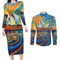 Sydney Opera House Couples Matching Long Sleeve Bodycon Dress and Long Sleeve Button Shirt Aboriginal Dot Painting