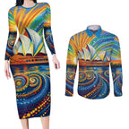 Sydney Opera House Couples Matching Long Sleeve Bodycon Dress and Long Sleeve Button Shirt Aboriginal Dot Painting