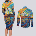 Sydney Opera House Couples Matching Long Sleeve Bodycon Dress and Long Sleeve Button Shirt Aboriginal Dot Painting