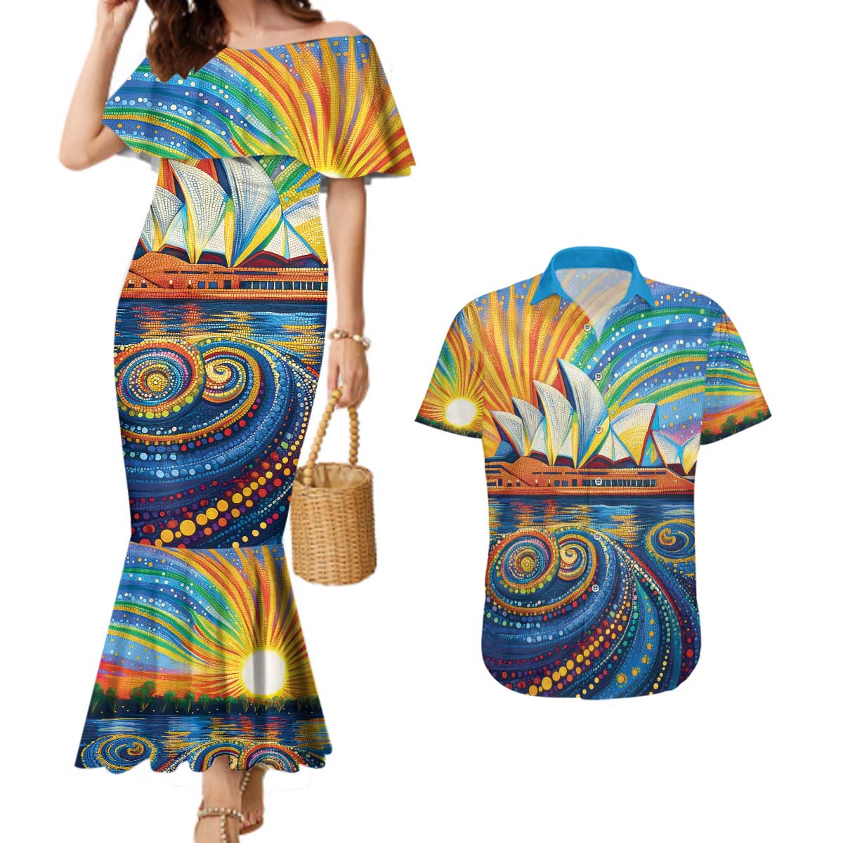 Sydney Opera House Couples Matching Mermaid Dress and Hawaiian Shirt Aboriginal Dot Painting