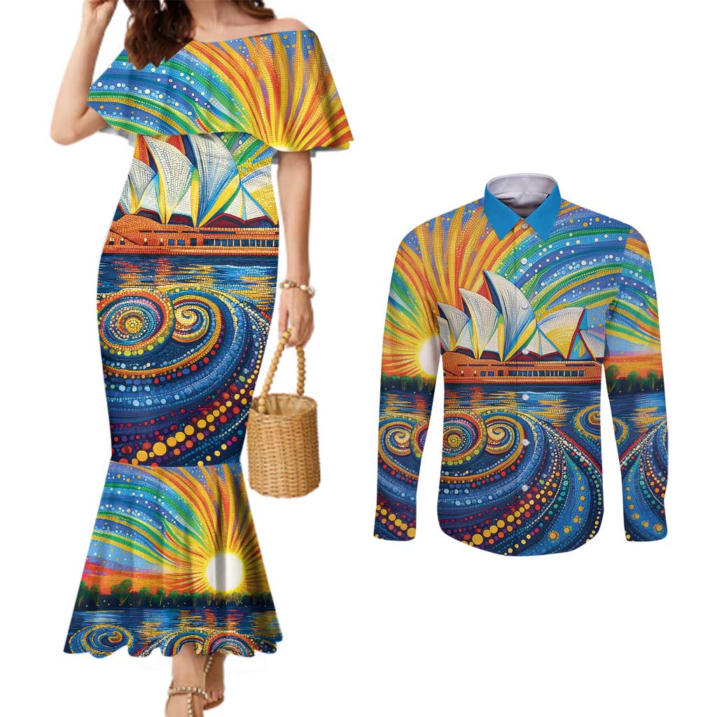 Sydney Opera House Couples Matching Mermaid Dress and Long Sleeve Button Shirt Aboriginal Dot Painting