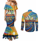 Sydney Opera House Couples Matching Mermaid Dress and Long Sleeve Button Shirt Aboriginal Dot Painting